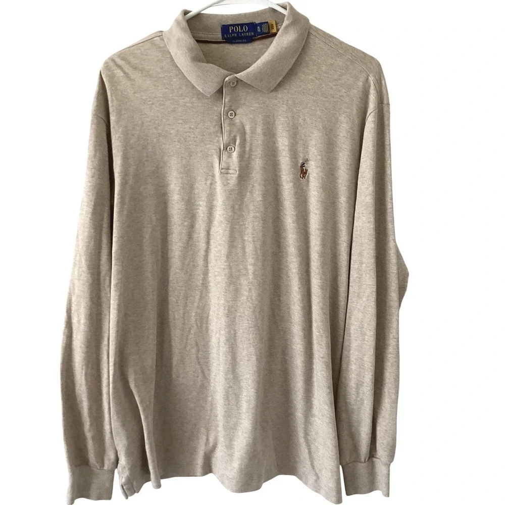 Polo Ralph Lauren Mens XL Classic Fit Long Sleeve Polo Shirt Oatmeal Heather Tan